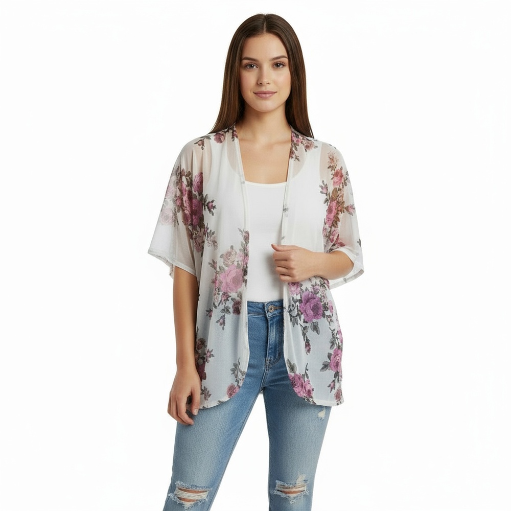 Discreet Kimono Shirt Cover Up Womens White Pink Floral Short Sleeve Loose‎